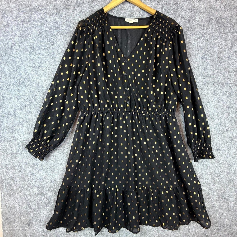 Indigo Rose Tiered Fit & Flare Dress Womens 2X Plus Black Gold Geometric Ruffle